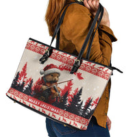 Croatia Christmas Leather Tote Bag Pine Marten Playing Violin - Red Color - Wonder Print Shop