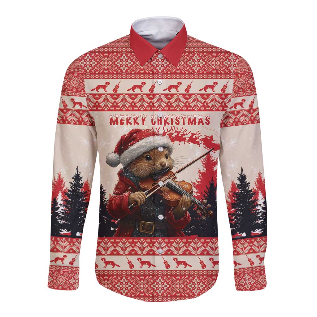Croatia Christmas Long Sleeve Button Shirt Pine Marten Playing Violin - Red Color - Wonder Print Shop