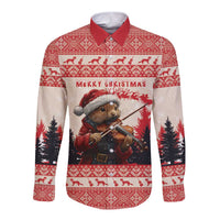 Croatia Christmas Long Sleeve Button Shirt Pine Marten Playing Violin - Red Color - Wonder Print Shop