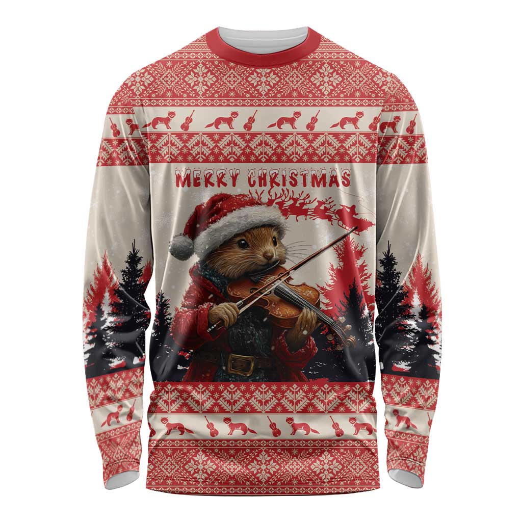 Croatia Christmas Long Sleeve Shirt Pine Marten Playing Violin - Red Color - Wonder Print Shop