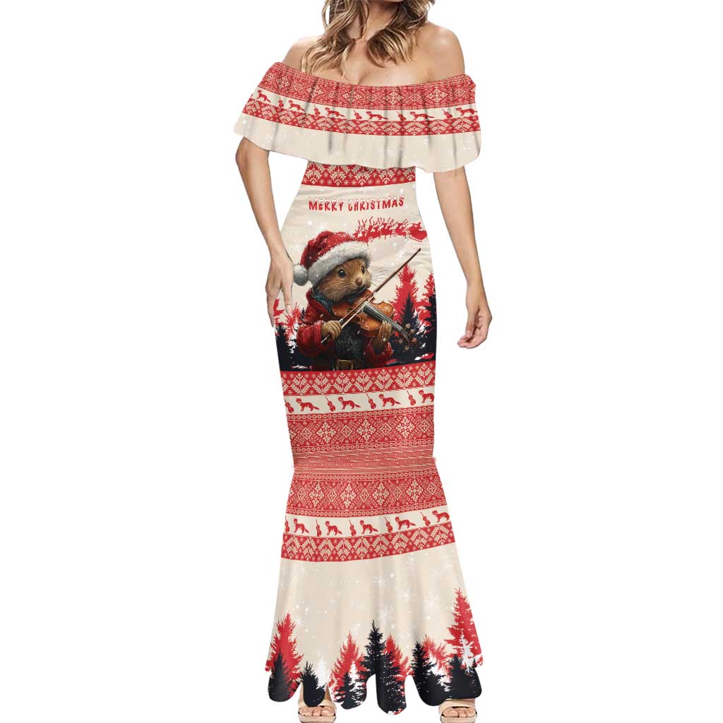 Croatia Christmas Mermaid Dress Pine Marten Playing Violin - Red Color - Wonder Print Shop