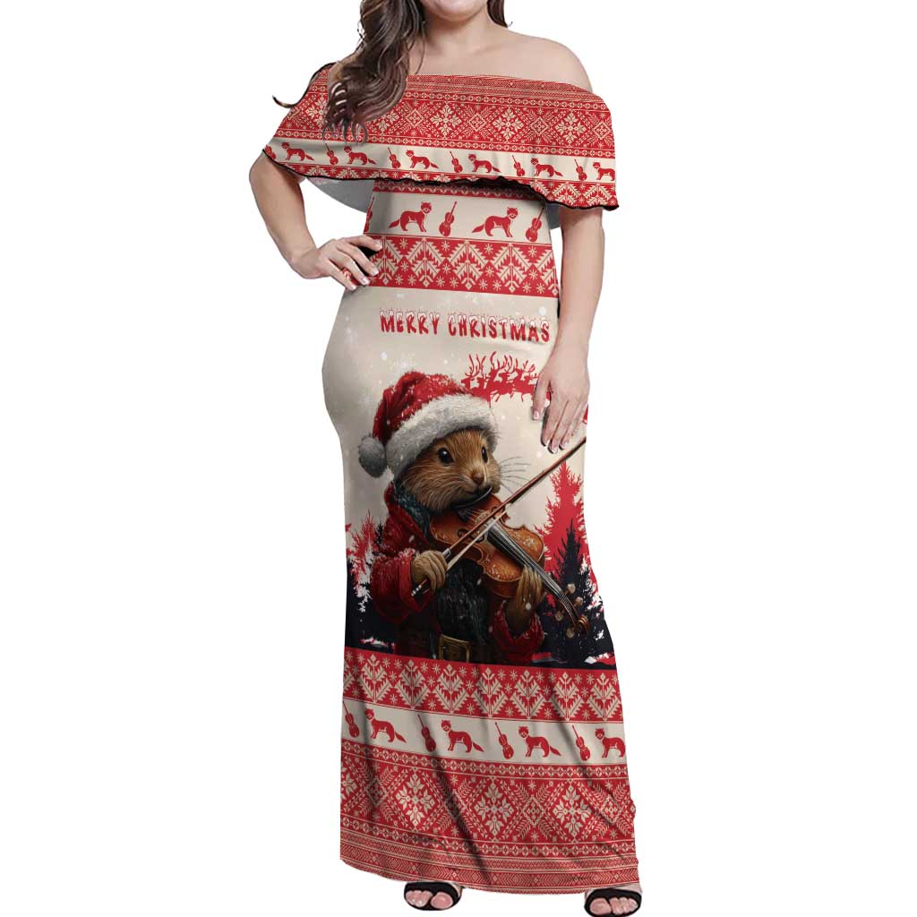 Croatia Christmas Off Shoulder Maxi Dress Pine Marten Playing Violin - Red Color - Wonder Print Shop