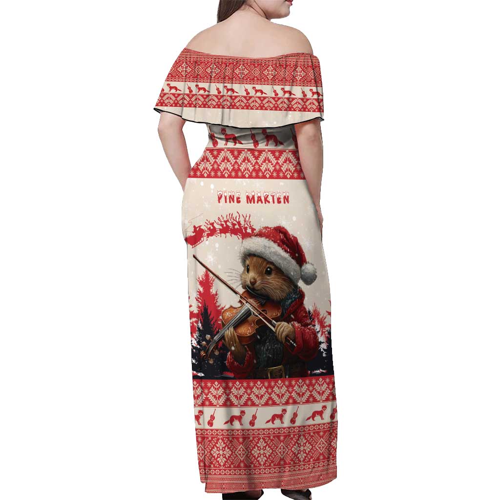 Croatia Christmas Off Shoulder Maxi Dress Pine Marten Playing Violin - Red Color - Wonder Print Shop
