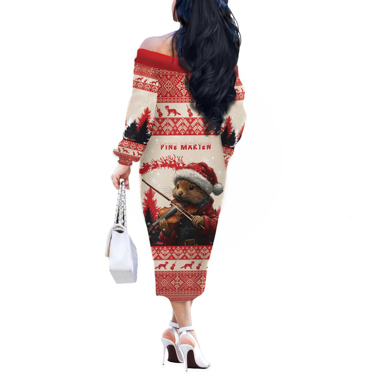 Croatia Christmas Off The Shoulder Long Sleeve Dress Pine Marten Playing Violin - Red Color - Wonder Print Shop