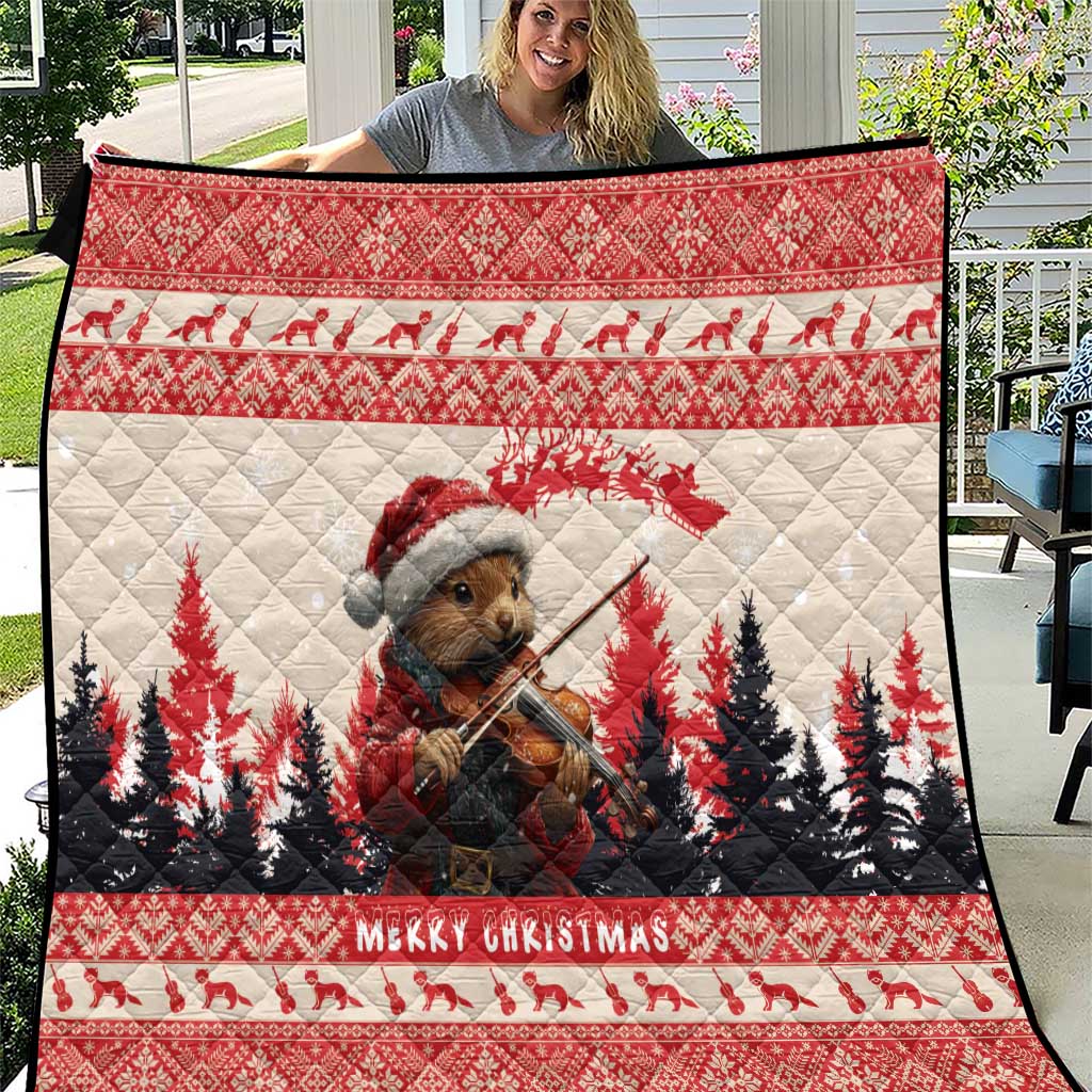 Croatia Christmas Quilt Pine Marten Playing Violin - Red Color - Wonder Print Shop