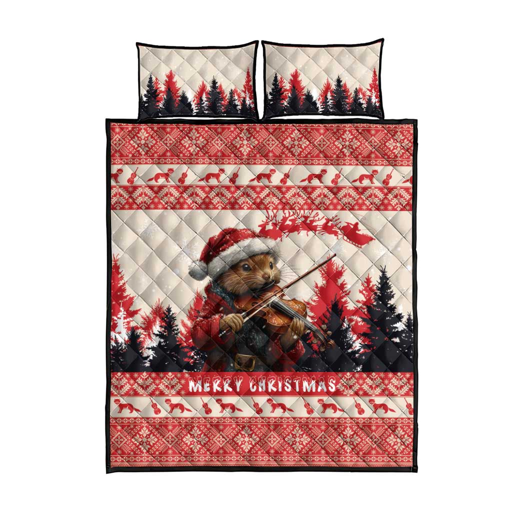 Croatia Christmas Quilt Bed Set Pine Marten Playing Violin - Red Color - Wonder Print Shop