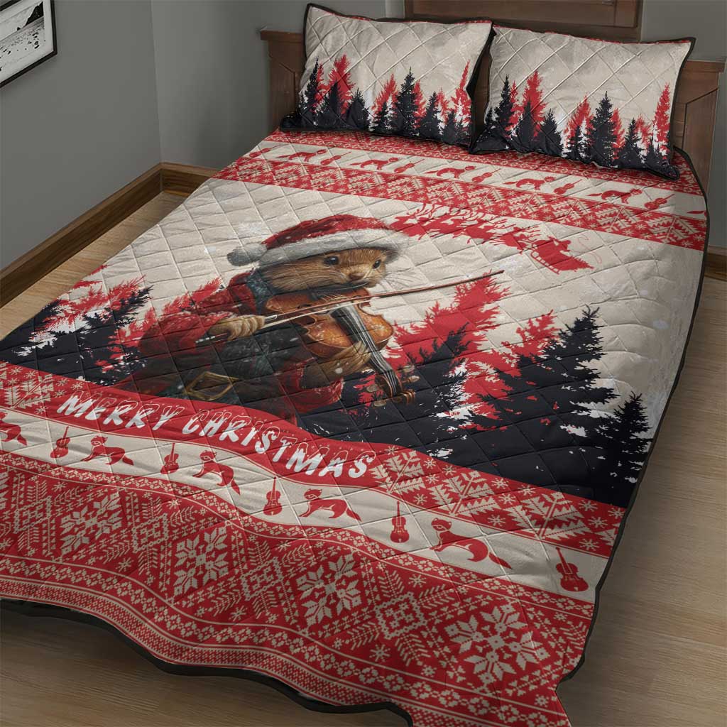 Croatia Christmas Quilt Bed Set Pine Marten Playing Violin - Red Color - Wonder Print Shop