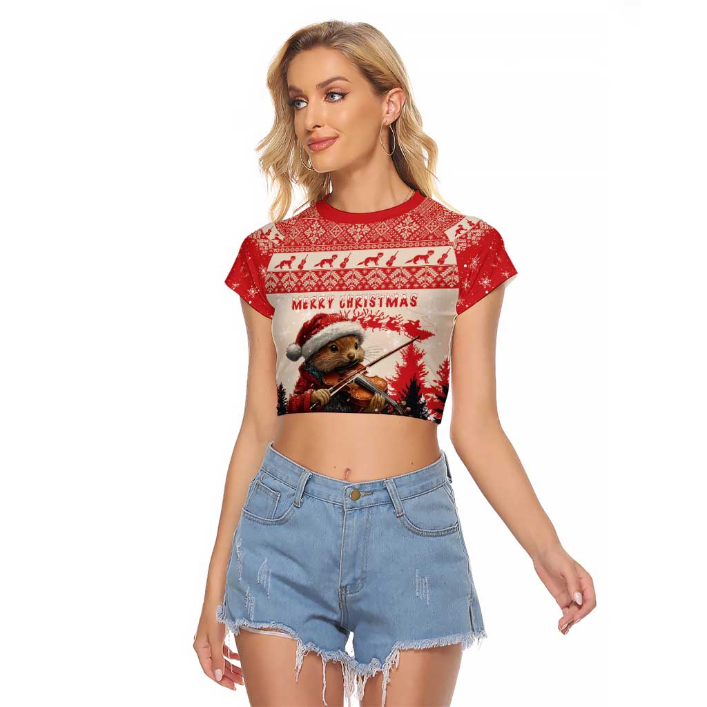 Croatia Christmas Raglan Cropped T Shirt Pine Marten Playing Violin - Red Color - Wonder Print Shop