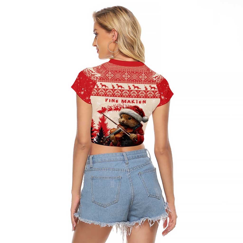 Croatia Christmas Raglan Cropped T Shirt Pine Marten Playing Violin - Red Color - Wonder Print Shop
