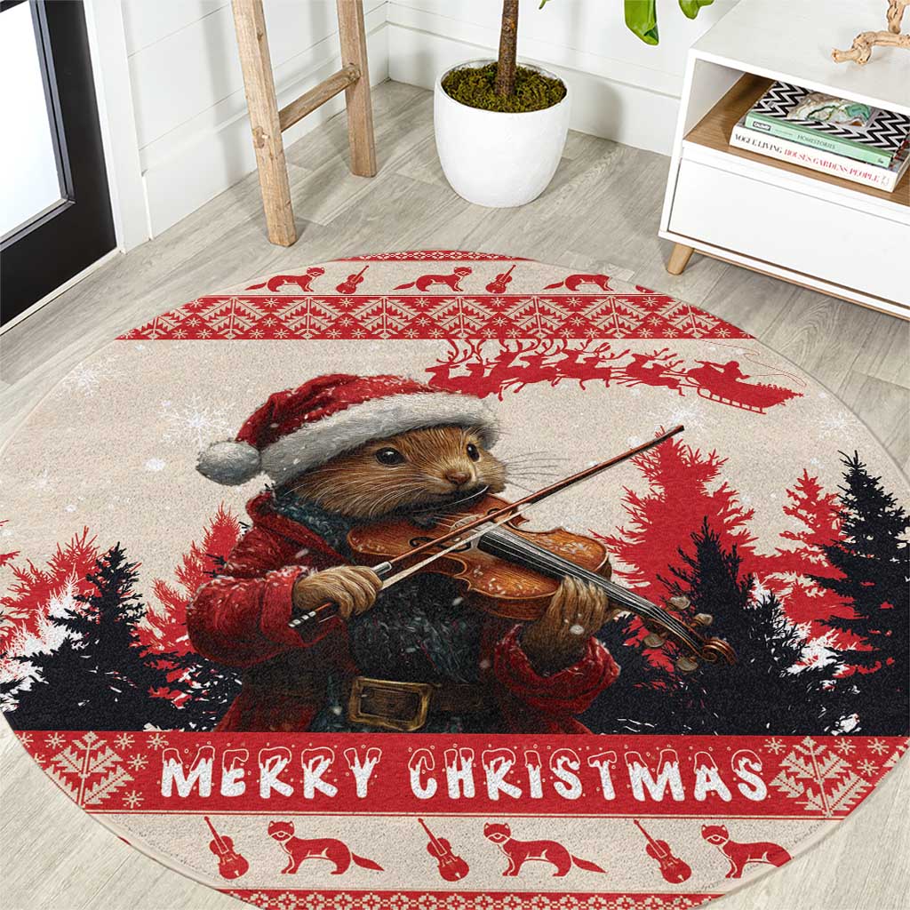 Croatia Christmas Round Carpet Pine Marten Playing Violin - Red Color