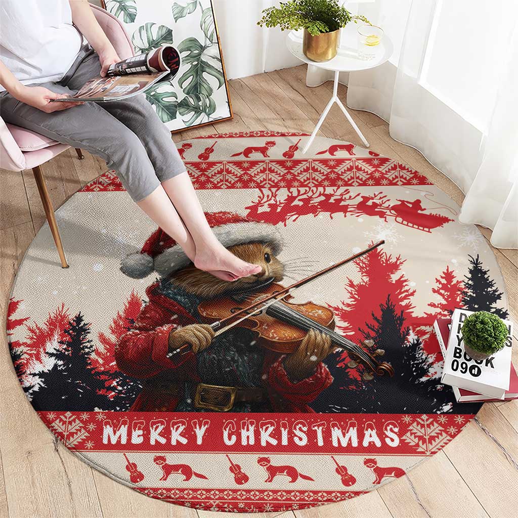 Croatia Christmas Round Carpet Pine Marten Playing Violin - Red Color