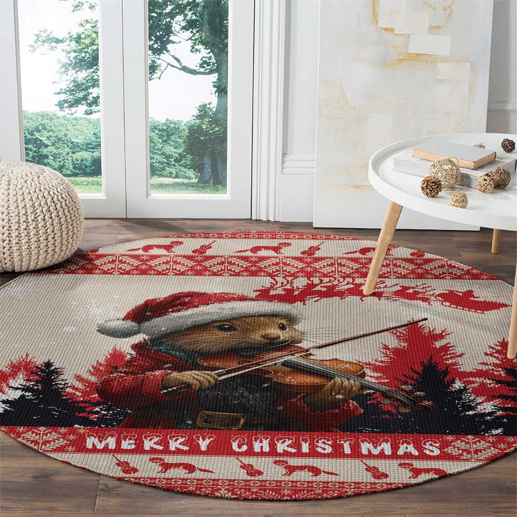 Croatia Christmas Round Carpet Pine Marten Playing Violin - Red Color