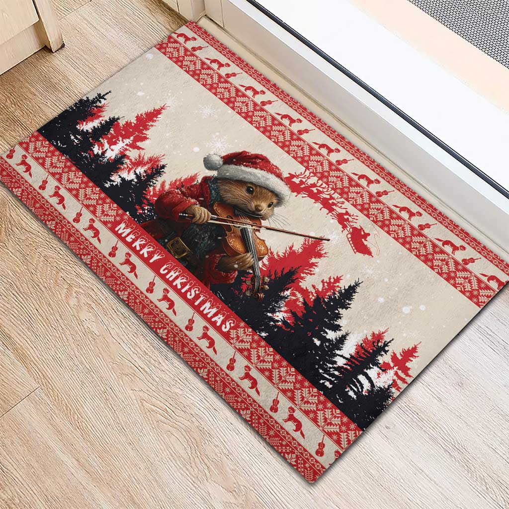 Croatia Christmas Rubber Doormat Pine Marten Playing Violin - Red Color - Wonder Print Shop