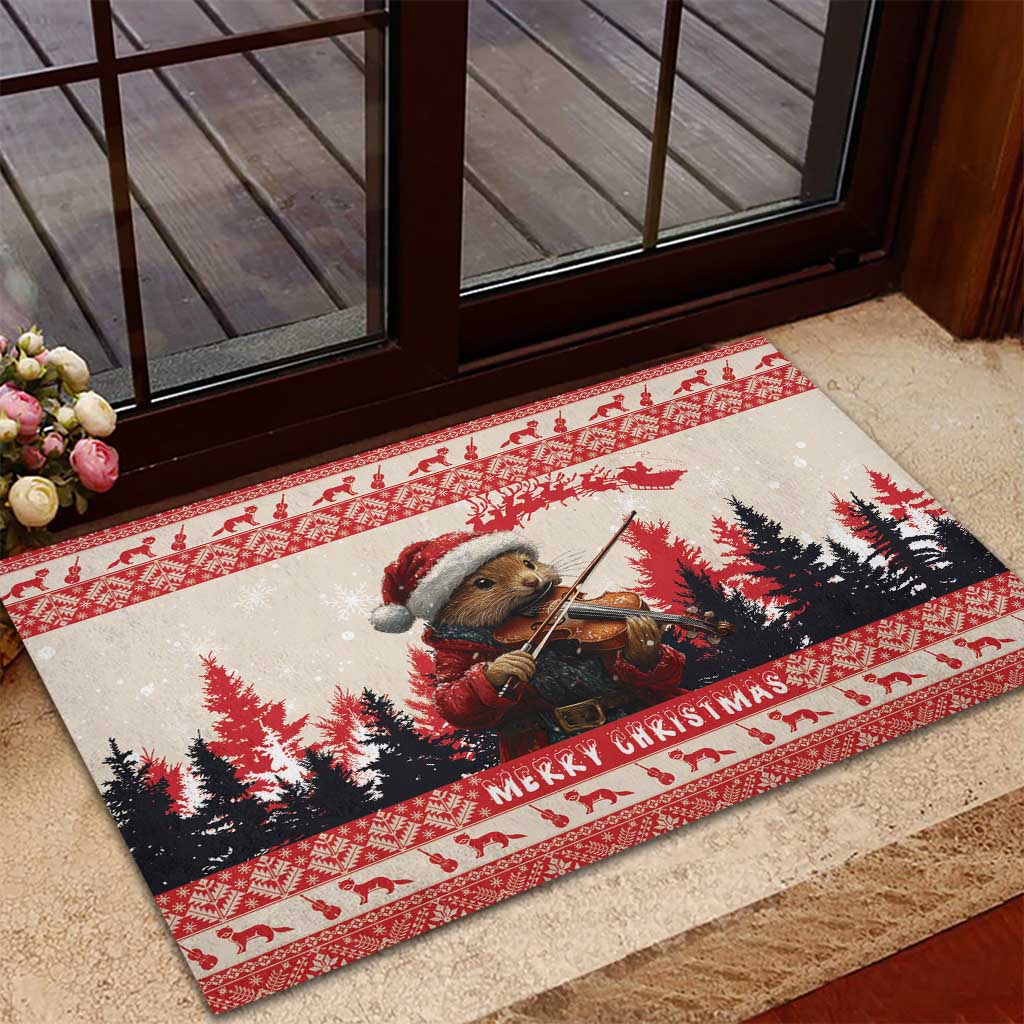 Croatia Christmas Rubber Doormat Pine Marten Playing Violin - Red Color - Wonder Print Shop