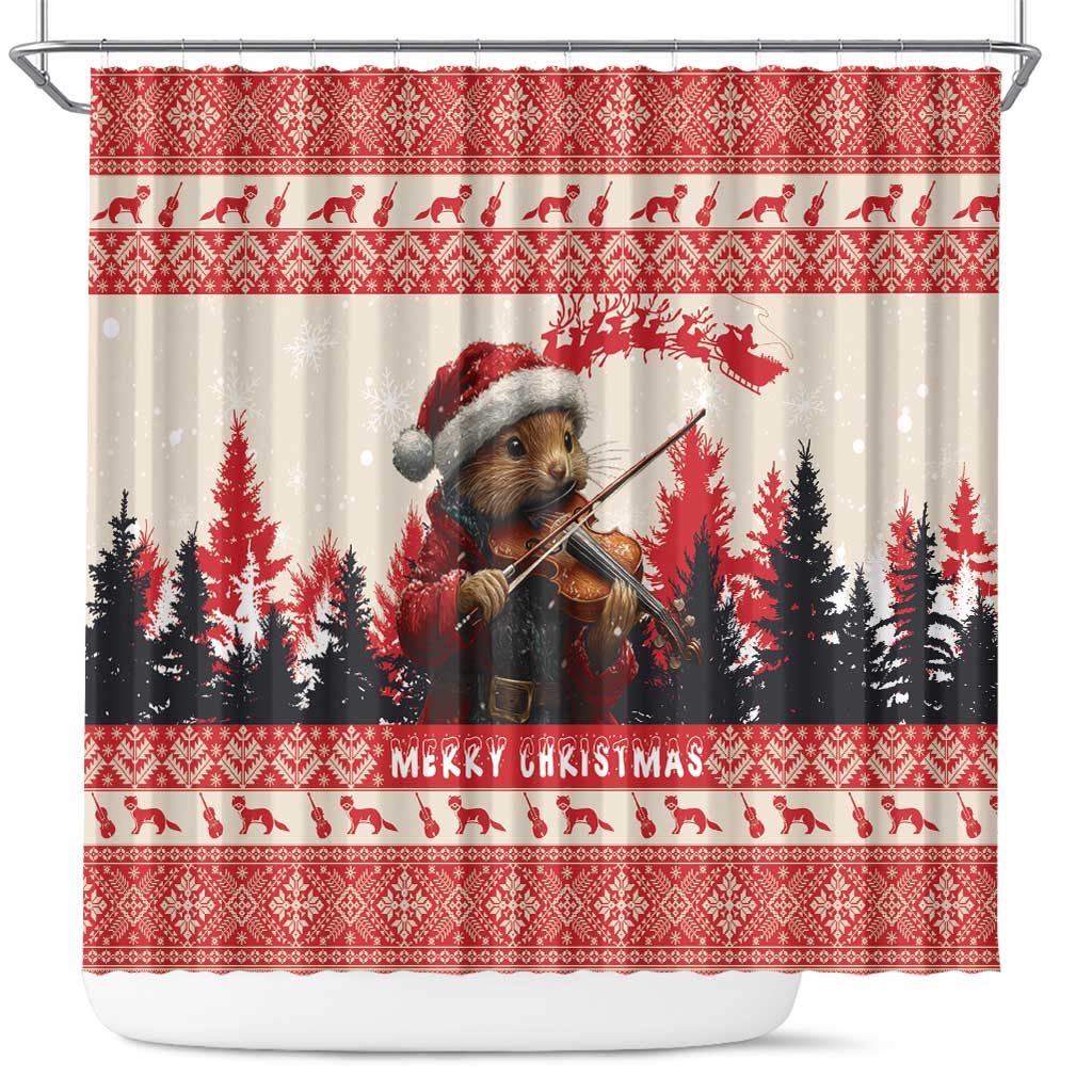 Croatia Christmas Shower Curtain Pine Marten Playing Violin - Red Color