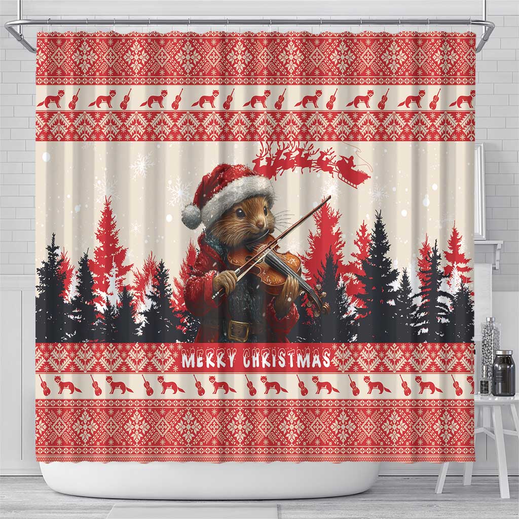 Croatia Christmas Shower Curtain Pine Marten Playing Violin - Red Color