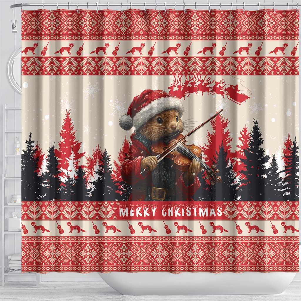 Croatia Christmas Shower Curtain Pine Marten Playing Violin - Red Color