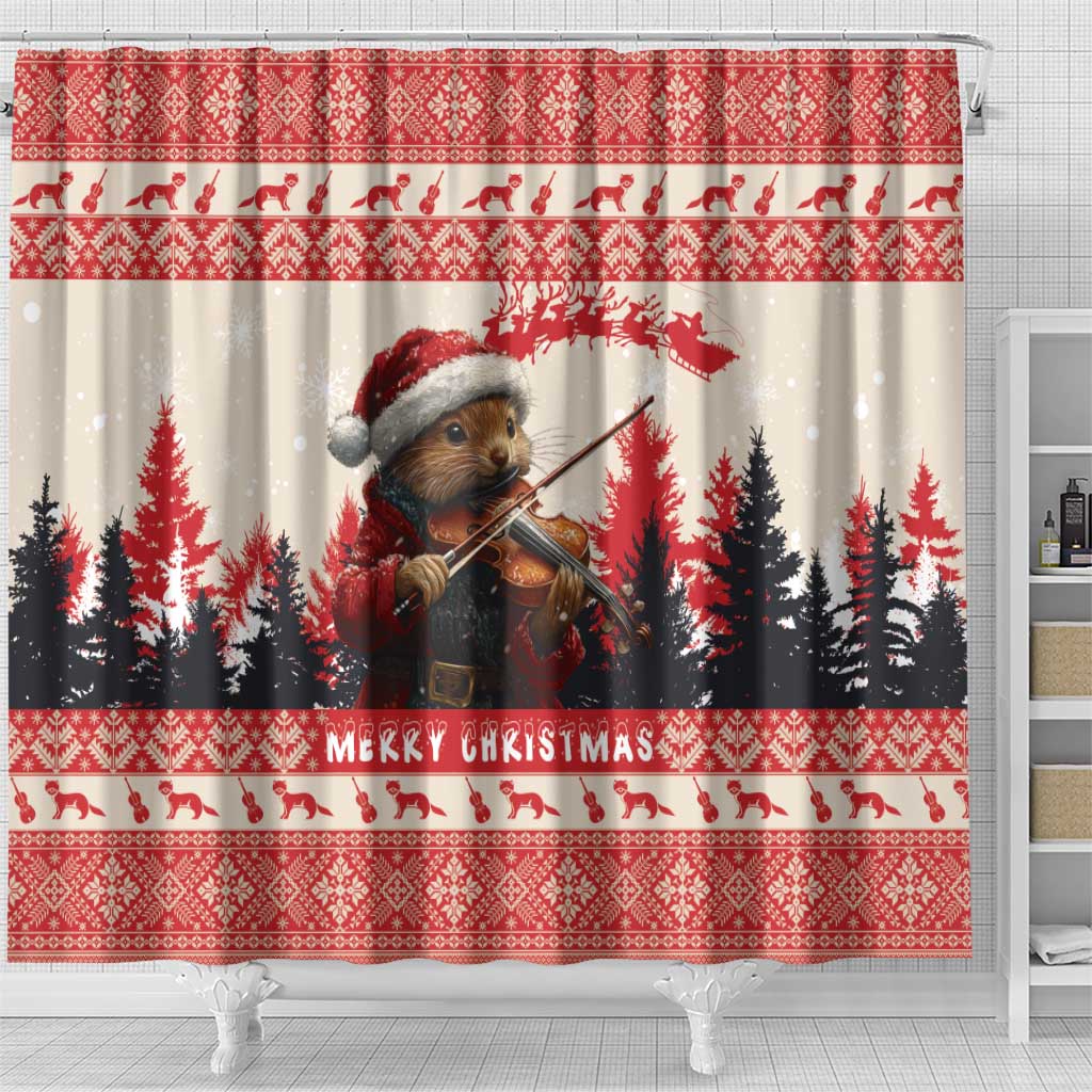 Croatia Christmas Shower Curtain Pine Marten Playing Violin - Red Color