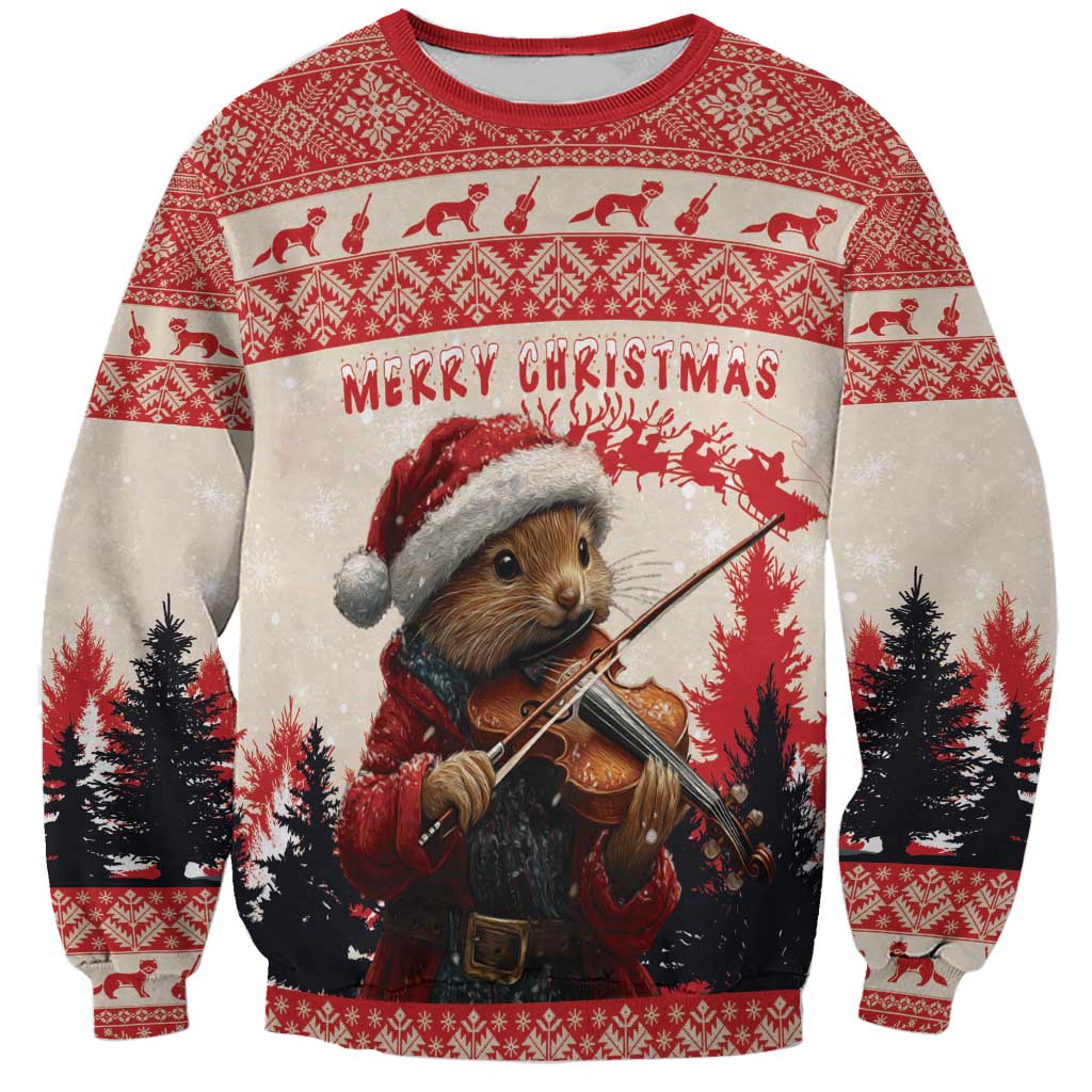 Croatia Christmas Sweatshirt Pine Marten Playing Violin - Red Color - Wonder Print Shop