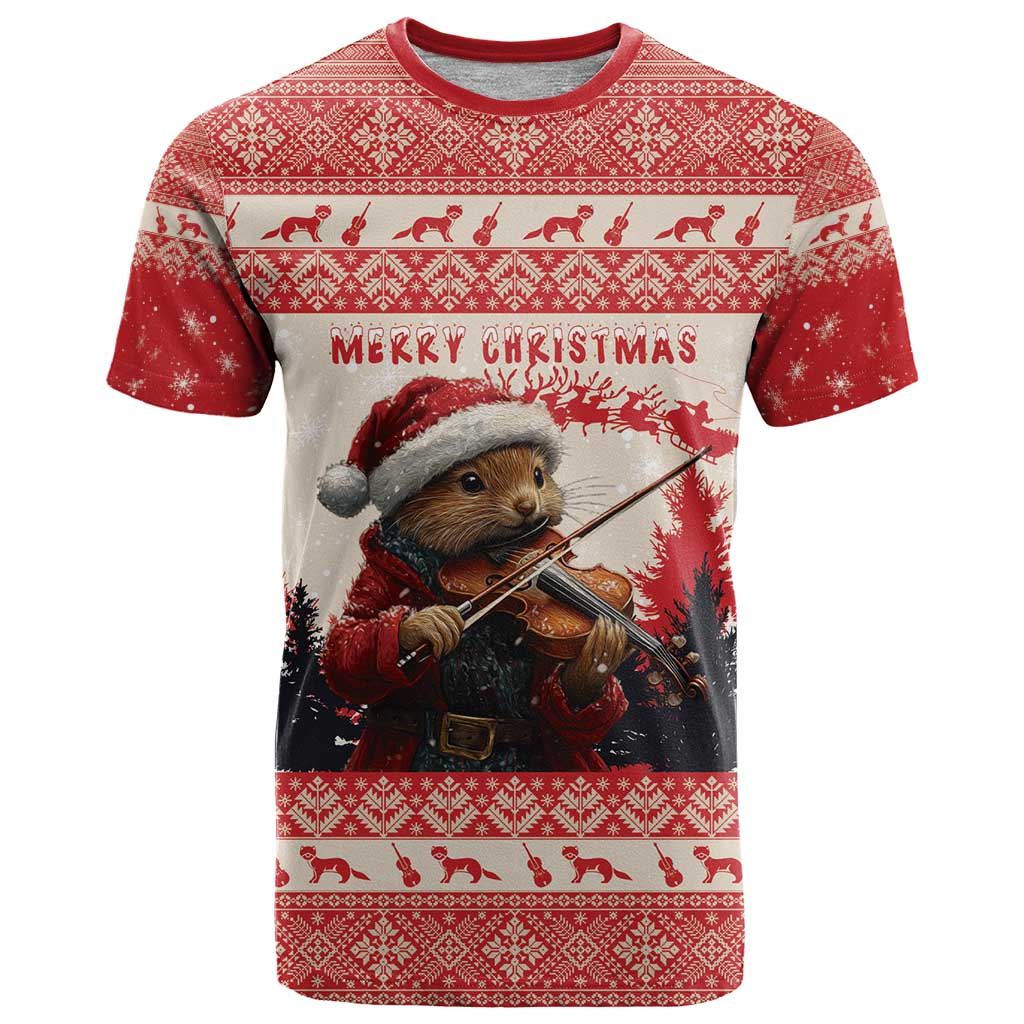Croatia Christmas T Shirt Pine Marten Playing Violin - Red Color - Wonder Print Shop