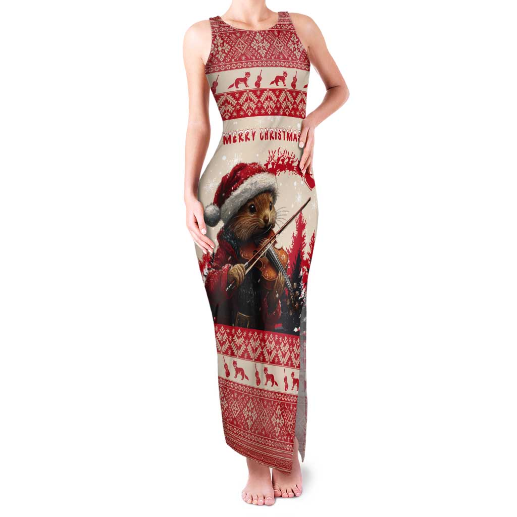 Croatia Christmas Tank Maxi Dress Pine Marten Playing Violin - Red Color - Wonder Print Shop
