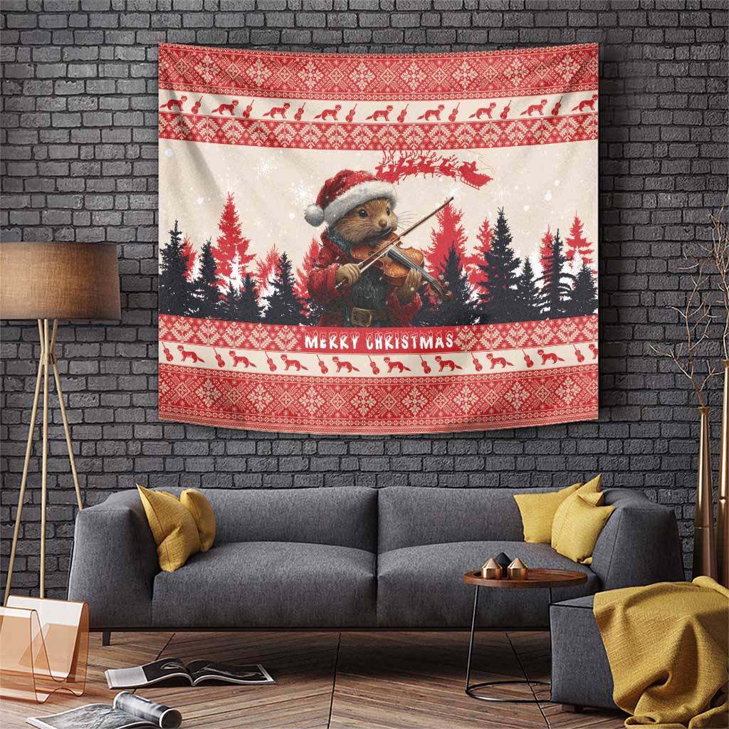 Croatia Christmas Tapestry Pine Marten Playing Violin - Red Color - Wonder Print Shop
