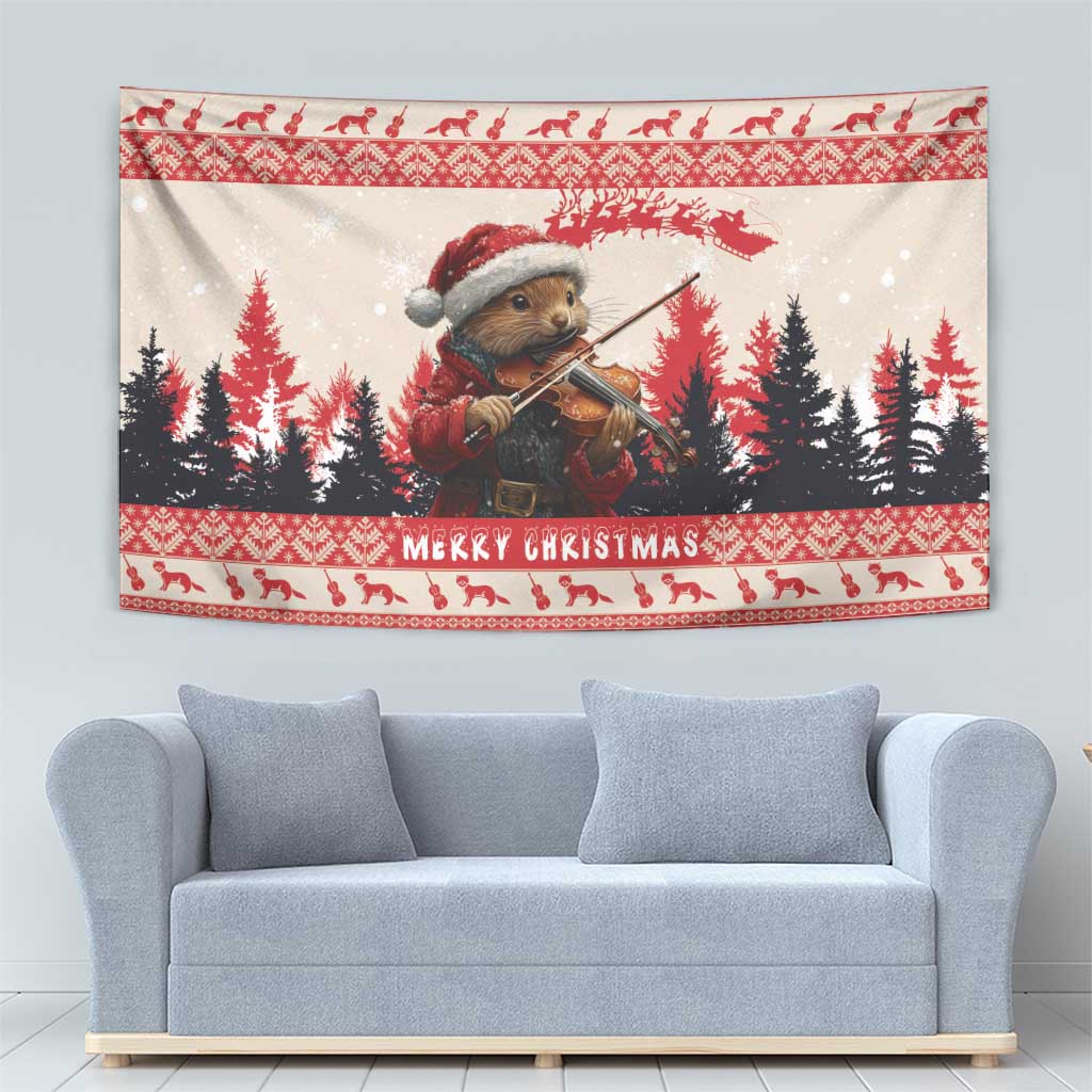 Croatia Christmas Tapestry Pine Marten Playing Violin - Red Color - Wonder Print Shop