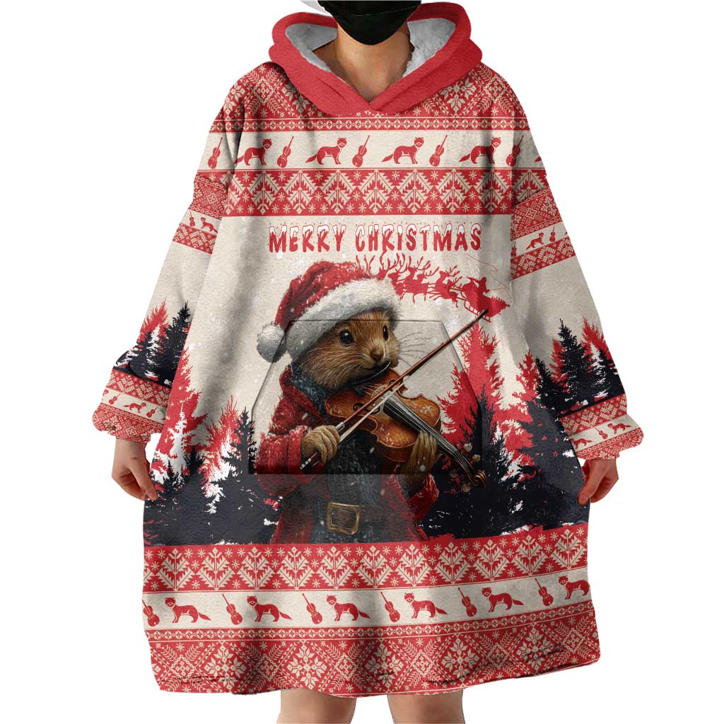 Croatia Christmas Wearable Blanket Hoodie Pine Marten Playing Violin - Red Color - Wonder Print Shop