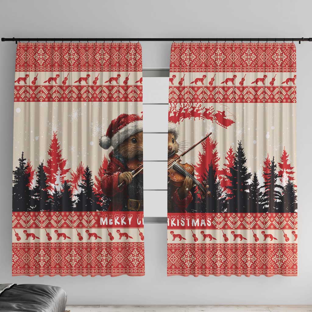 Croatia Christmas Window Curtain Pine Marten Playing Violin - Red Color - Wonder Print Shop