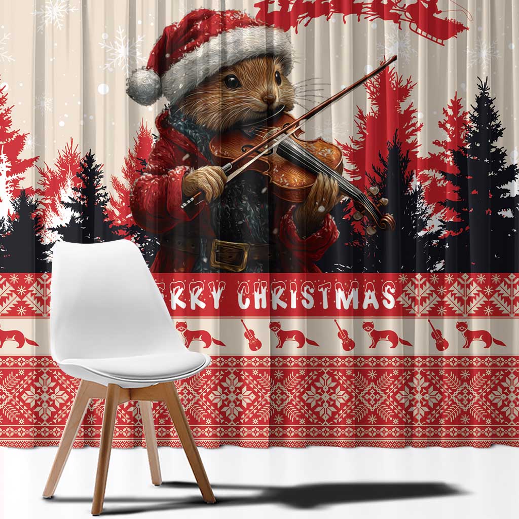 Croatia Christmas Window Curtain Pine Marten Playing Violin - Red Color - Wonder Print Shop