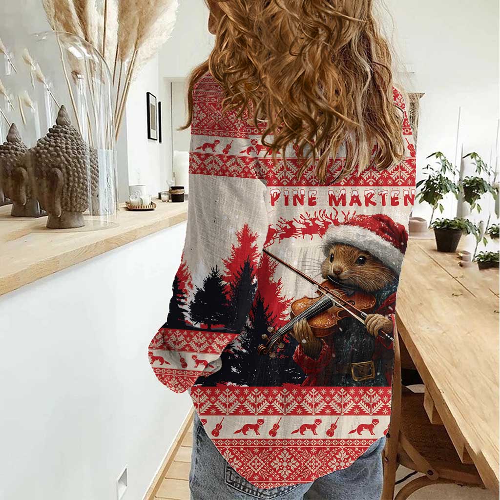 Croatia Christmas Women Casual Shirt Pine Marten Playing Violin - Red Color - Wonder Print Shop