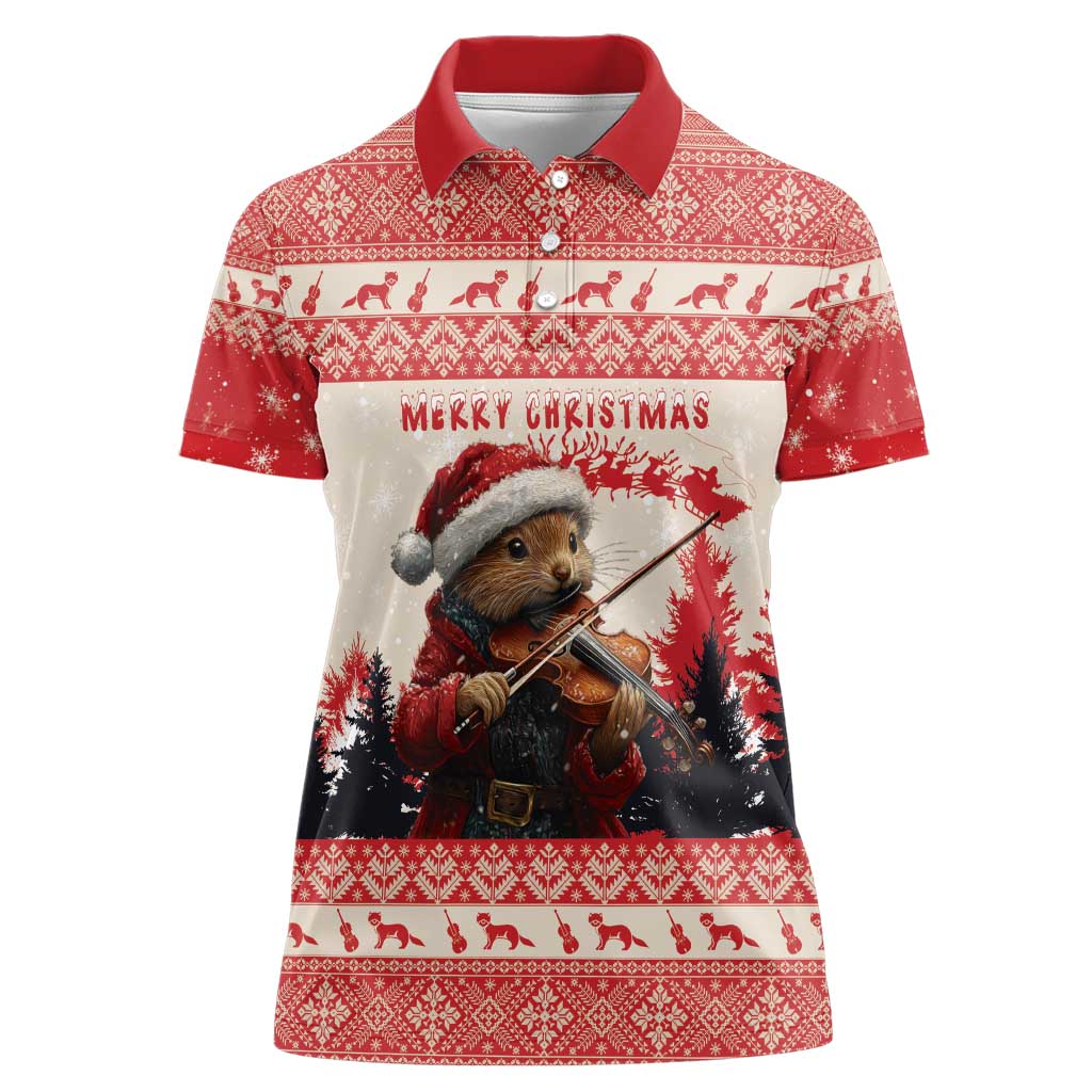 Croatia Christmas Women Polo Shirt Pine Marten Playing Violin - Red Color - Wonder Print Shop