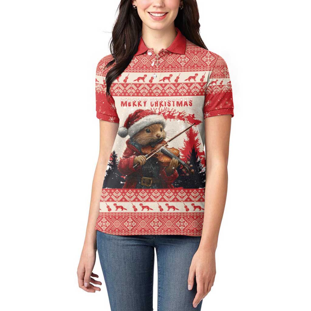 Croatia Christmas Women Polo Shirt Pine Marten Playing Violin - Red Color - Wonder Print Shop