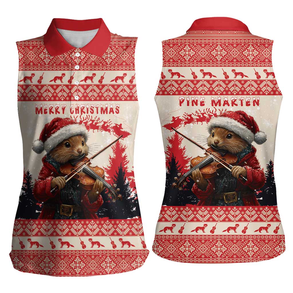 Croatia Christmas Women Sleeveless Polo Shirt Pine Marten Playing Violin - Red Color - Wonder Print Shop