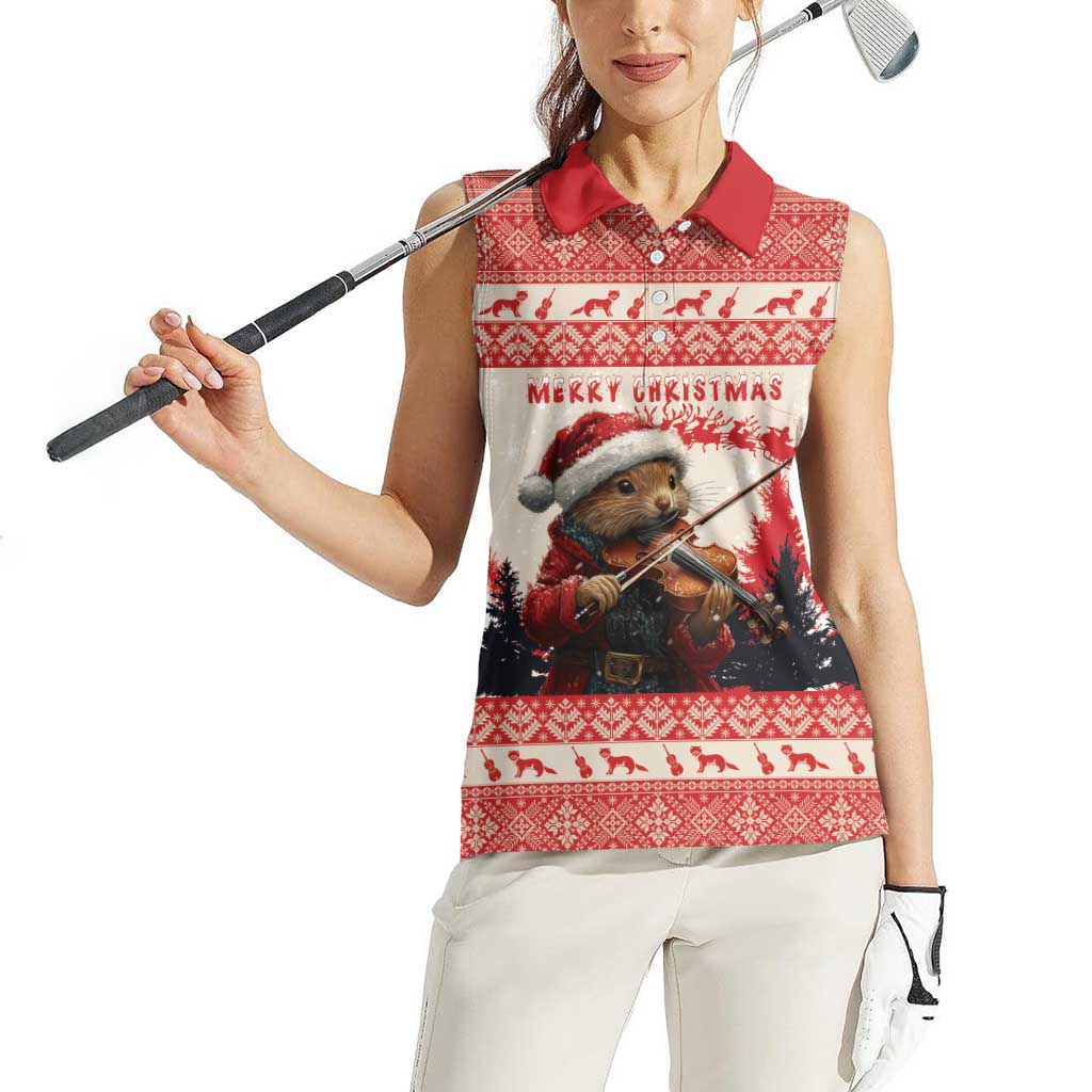 Croatia Christmas Women Sleeveless Polo Shirt Pine Marten Playing Violin - Red Color - Wonder Print Shop
