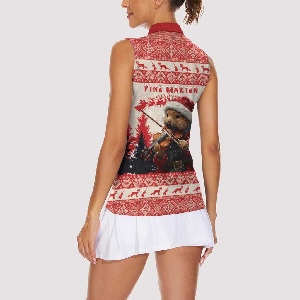 Croatia Christmas Women Sleeveless Polo Shirt Pine Marten Playing Violin - Red Color - Wonder Print Shop