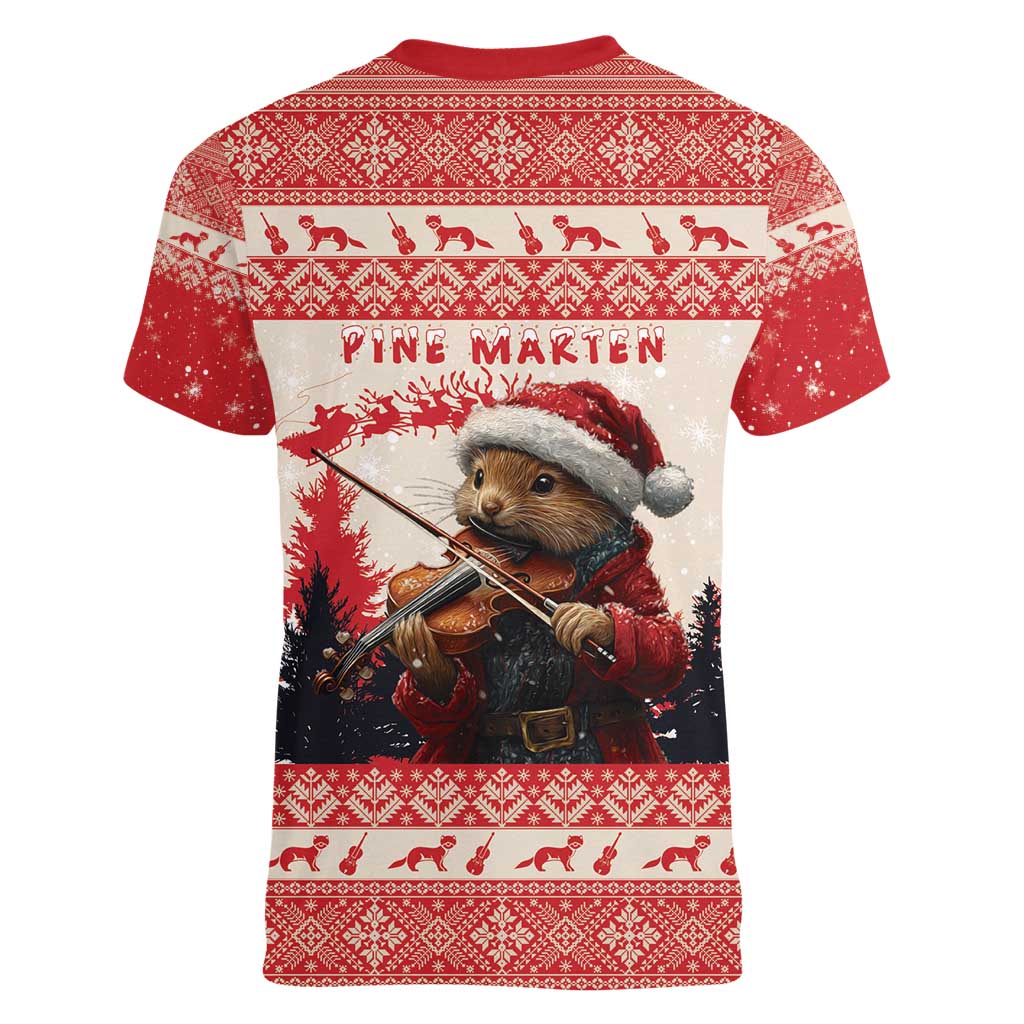 Croatia Christmas Women V-Neck T-Shirt Pine Marten Playing Violin - Red Color - Wonder Print Shop