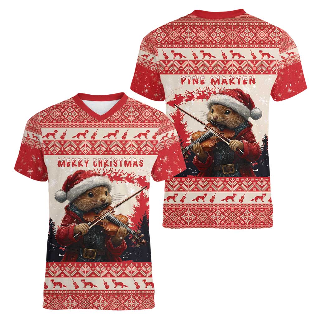 Croatia Christmas Women V-Neck T-Shirt Pine Marten Playing Violin - Red Color - Wonder Print Shop