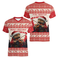 Croatia Christmas Women V-Neck T-Shirt Pine Marten Playing Violin - Red Color - Wonder Print Shop