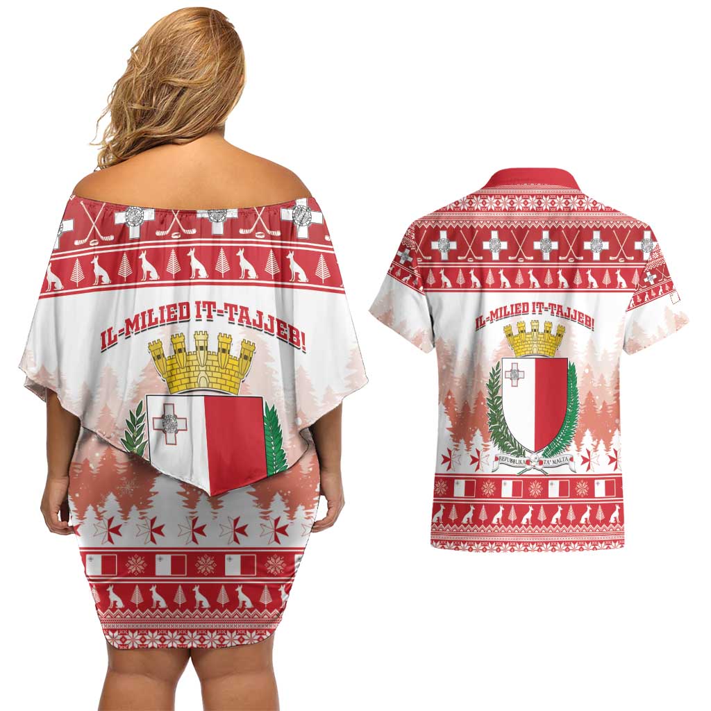 Malta Christmas Couples Matching Off Shoulder Short Dress and Hawaiian Shirt Coat Of Arms il-Milied it-Tajjeb - Wonder Print Shop