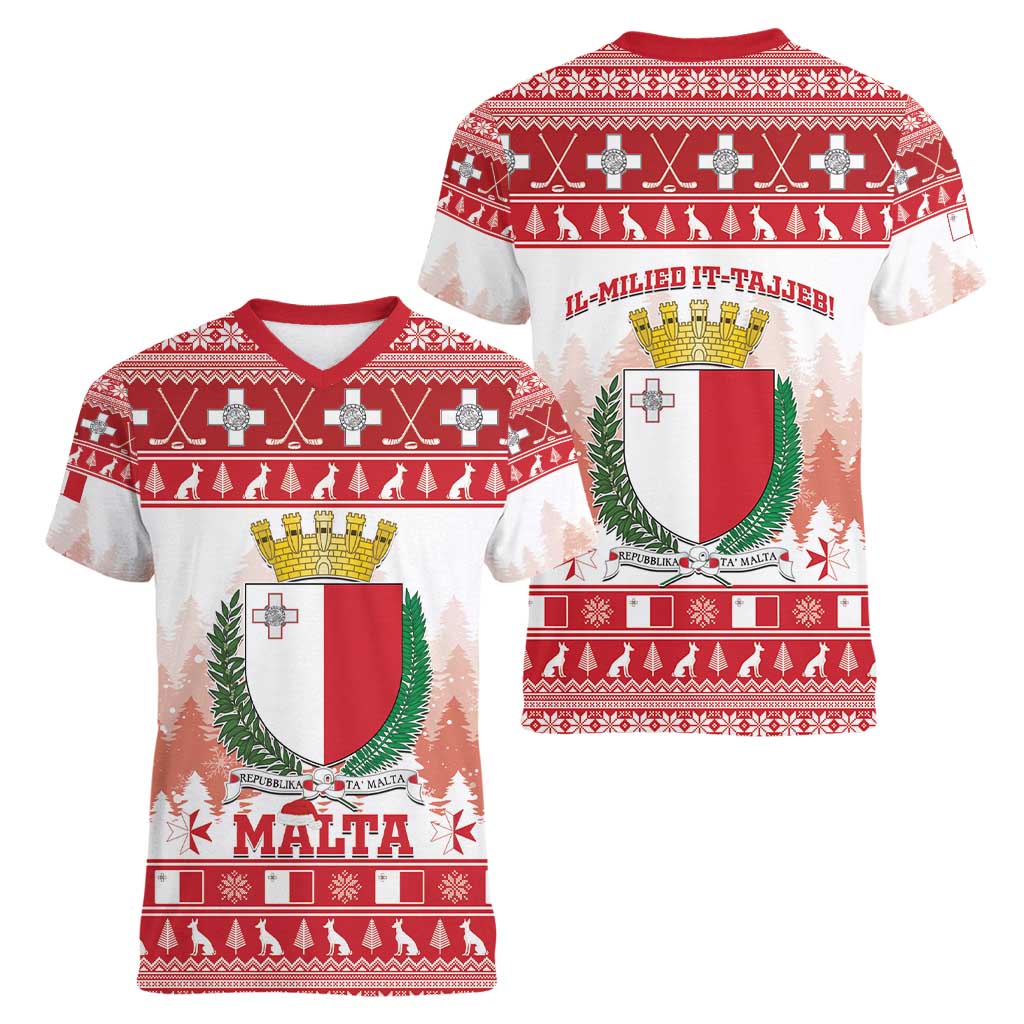 Malta Christmas Women V-Neck T-Shirt Coat Of Arms il-Milied it-Tajjeb - Wonder Print Shop