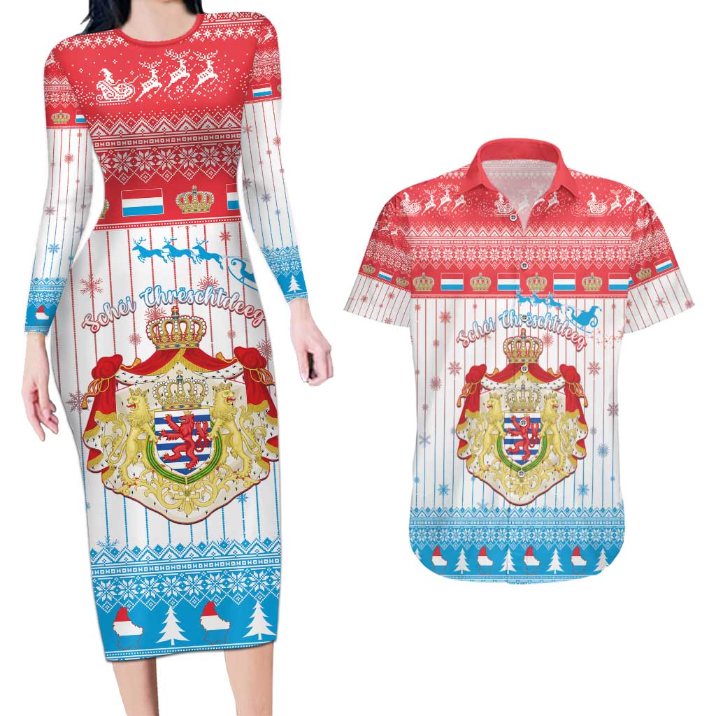 Luxembourg Christmas Couples Matching Long Sleeve Bodycon Dress and Hawaiian Shirt Coat Of Arms Schei Chreschtdeeg - Wonder Print Shop