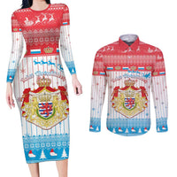 Luxembourg Christmas Couples Matching Long Sleeve Bodycon Dress and Long Sleeve Button Shirt Coat Of Arms Schei Chreschtdeeg - Wonder Print Shop