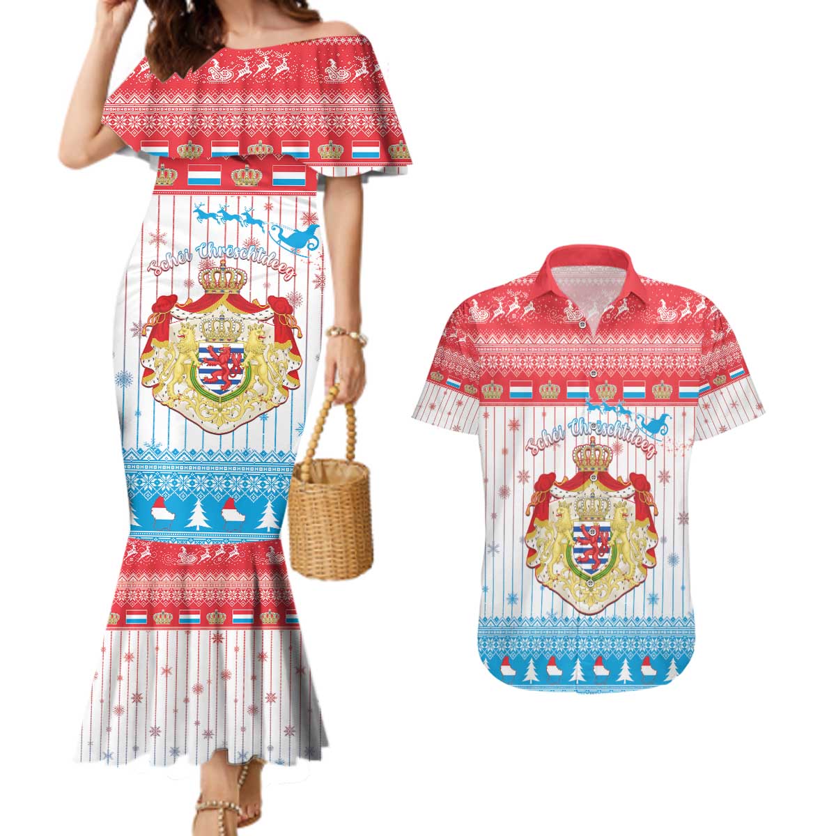 Luxembourg Christmas Couples Matching Mermaid Dress and Hawaiian Shirt Coat Of Arms Schei Chreschtdeeg - Wonder Print Shop