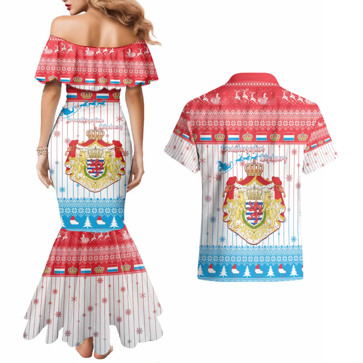 Luxembourg Christmas Couples Matching Mermaid Dress and Hawaiian Shirt Coat Of Arms Schei Chreschtdeeg - Wonder Print Shop