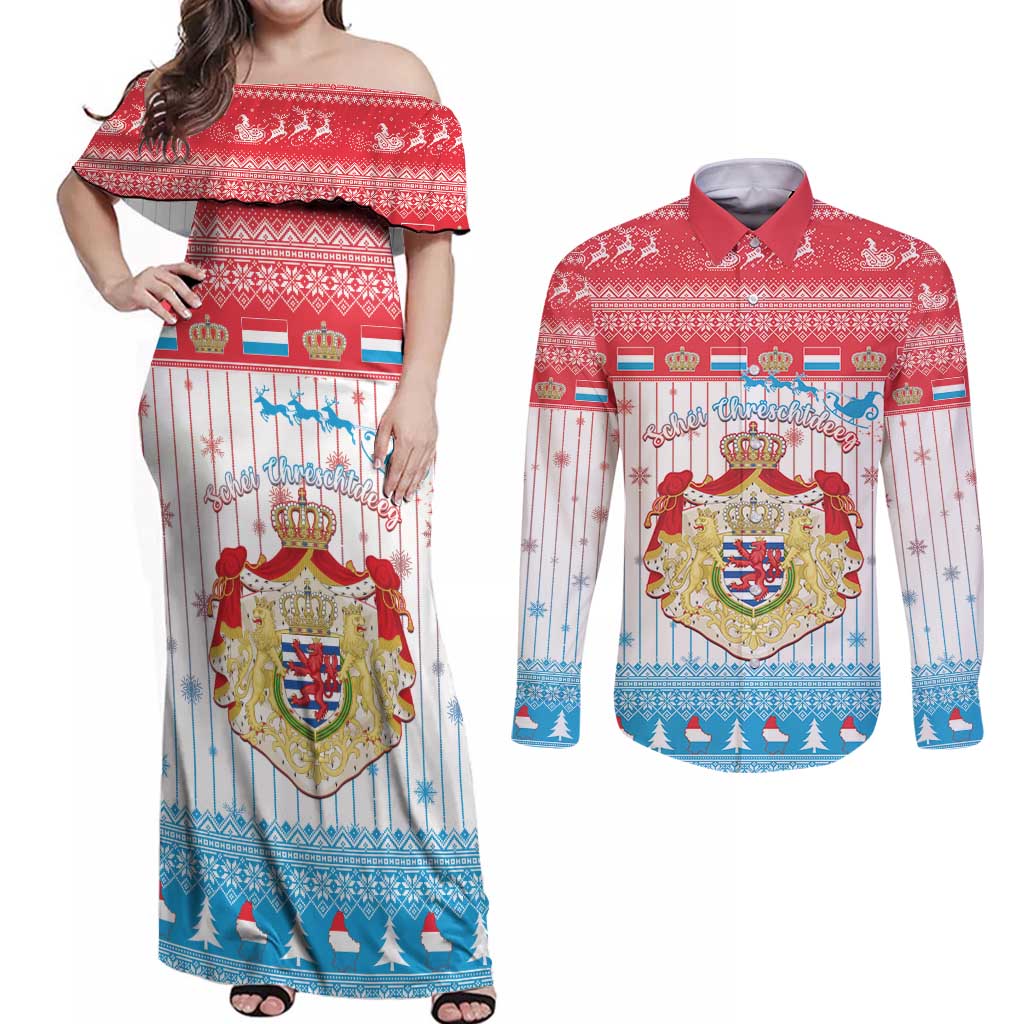 Luxembourg Christmas Couples Matching Off Shoulder Maxi Dress and Long Sleeve Button Shirt Coat Of Arms Schei Chreschtdeeg - Wonder Print Shop