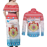 Luxembourg Christmas Couples Matching Off Shoulder Maxi Dress and Long Sleeve Button Shirt Coat Of Arms Schei Chreschtdeeg - Wonder Print Shop