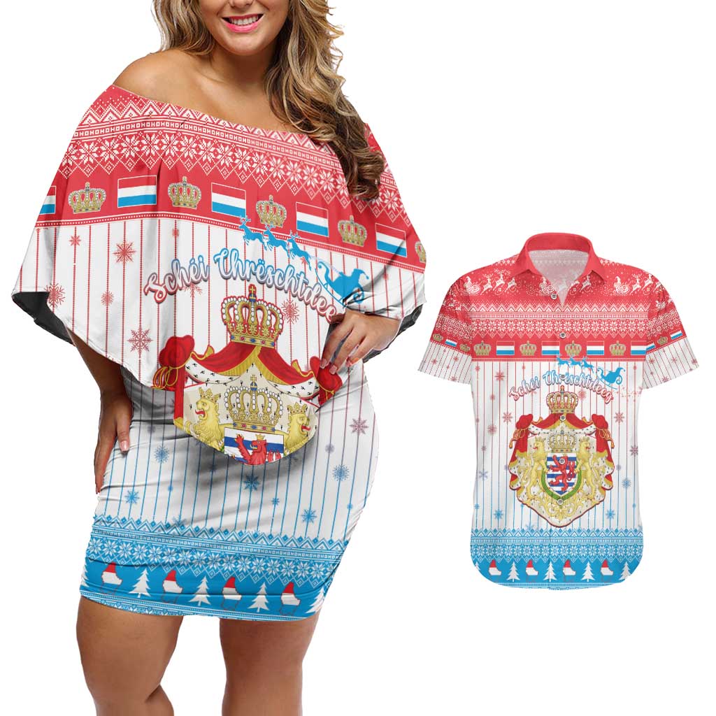 Luxembourg Christmas Couples Matching Off Shoulder Short Dress and Hawaiian Shirt Coat Of Arms Schei Chreschtdeeg - Wonder Print Shop