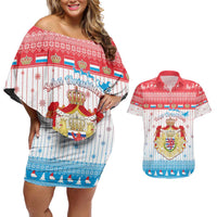 Luxembourg Christmas Couples Matching Off Shoulder Short Dress and Hawaiian Shirt Coat Of Arms Schei Chreschtdeeg - Wonder Print Shop