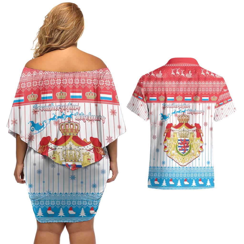 Luxembourg Christmas Couples Matching Off Shoulder Short Dress and Hawaiian Shirt Coat Of Arms Schei Chreschtdeeg - Wonder Print Shop